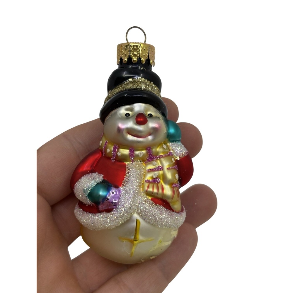 Vintage Glass UT Snowman Holding Flag w/ Red Hat Christmas Ornament 3"